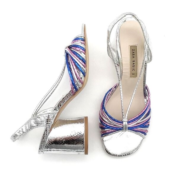 Zara Silver Metallic Block Heel Strappy Sandal Colorful Disco Shoes Size 38 7.5 - Picture 2 of 16